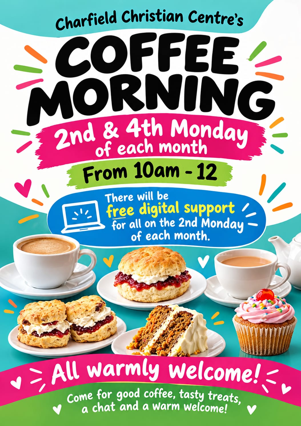 Coffee Morning poster — 2nd and 4th Monday of each month, 10am to 12, with free digital support on the 2nd Monday