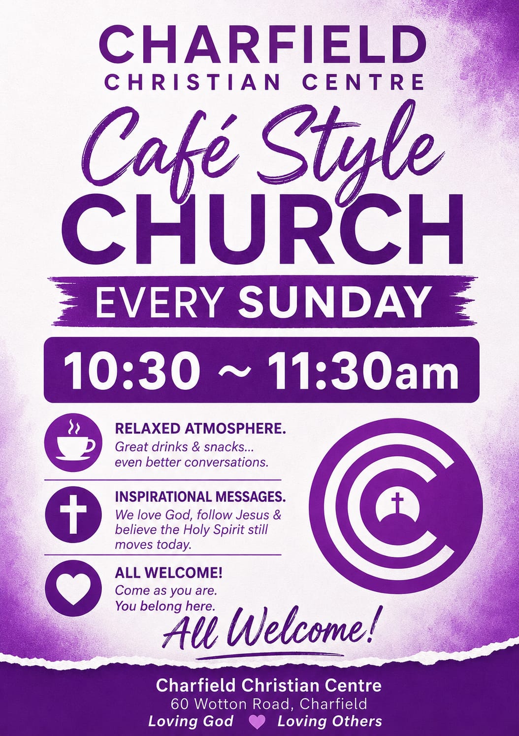 Café Style Church poster — every Sunday, 10:30 to 11:30am, relaxed atmosphere and all welcome