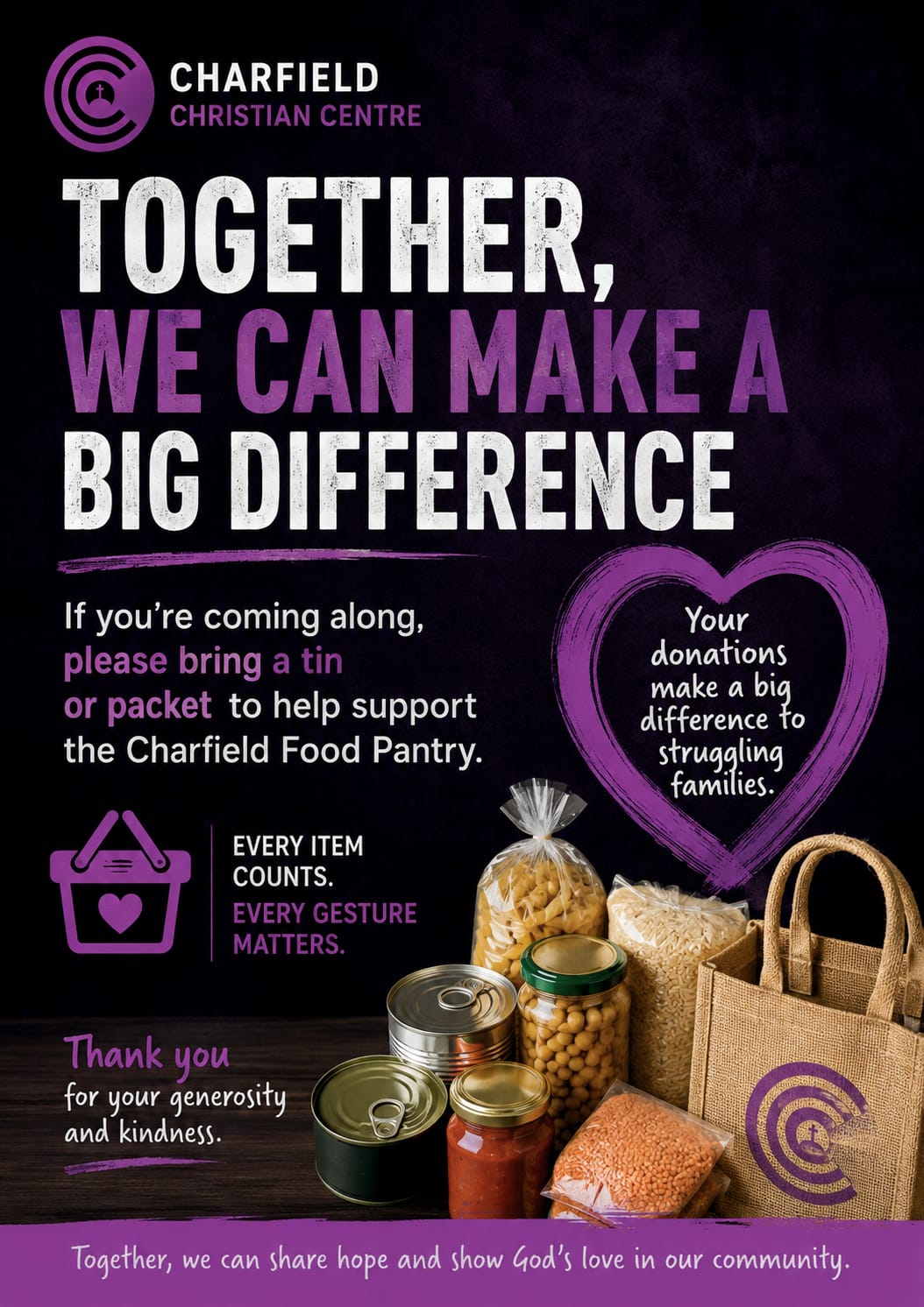 Charfield Food Pantry poster — please bring a tin or packet to help support struggling families